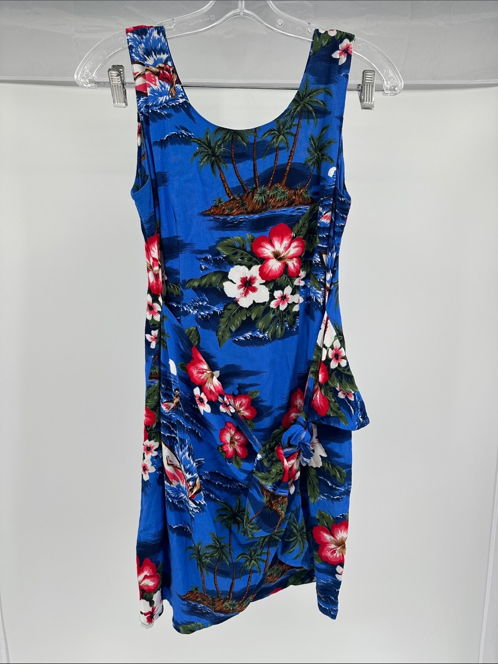 Blue Tropical Floral Midi Dress with Side Knot